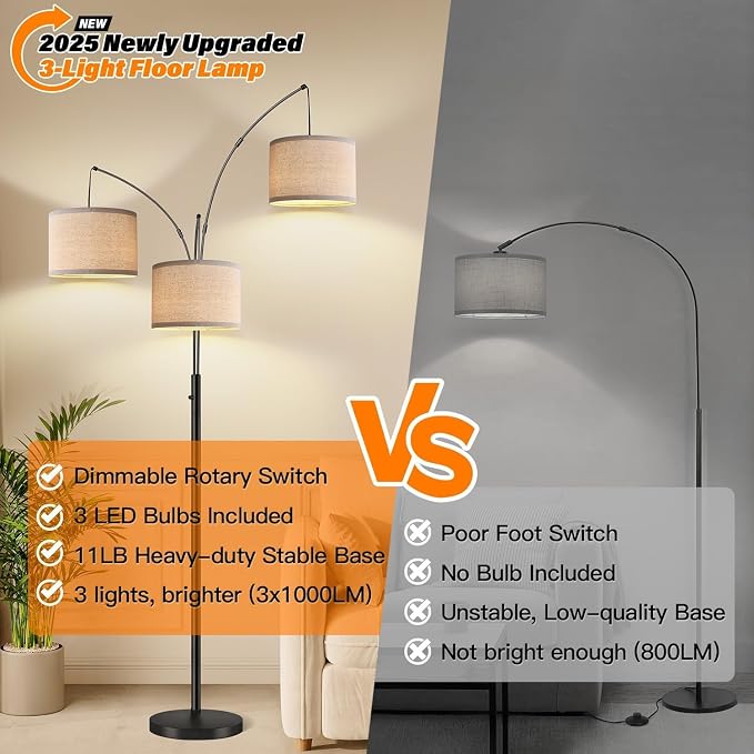 Dimmable 3 Lights Floor Lamp - 3000LM Super Bright Arc Floor Lamps for Living Room, Modern Tall Standing Lamp With Beige Shades, Mid Century Tree Floor Lamp for Bedroom Office, 3 LED Bulbs Included