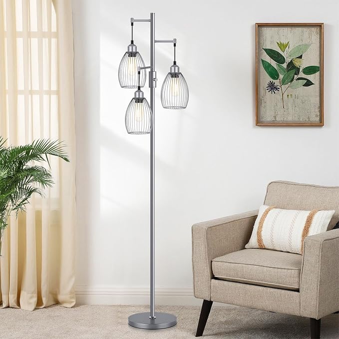 Torondo Dimmable Industrial Floor Lamps for Living Room, Gray Tree Standing Tall Lamps with 3 Elegant Teardrop Cage Head & 800 Lumens LED Bulbs for Bedroom Office