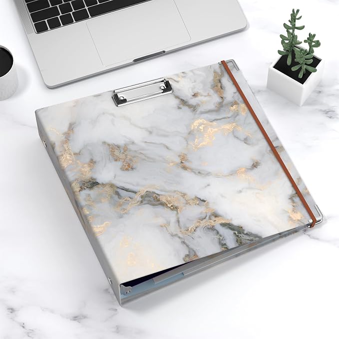 3 Ring Binder, 3 Inches Round Ring Binder with Clipboard, Dividers Tabs, PVC Zipper Bag Sleeves & to Do List Planners for Women, Men, School, Office Supplies, White Marble