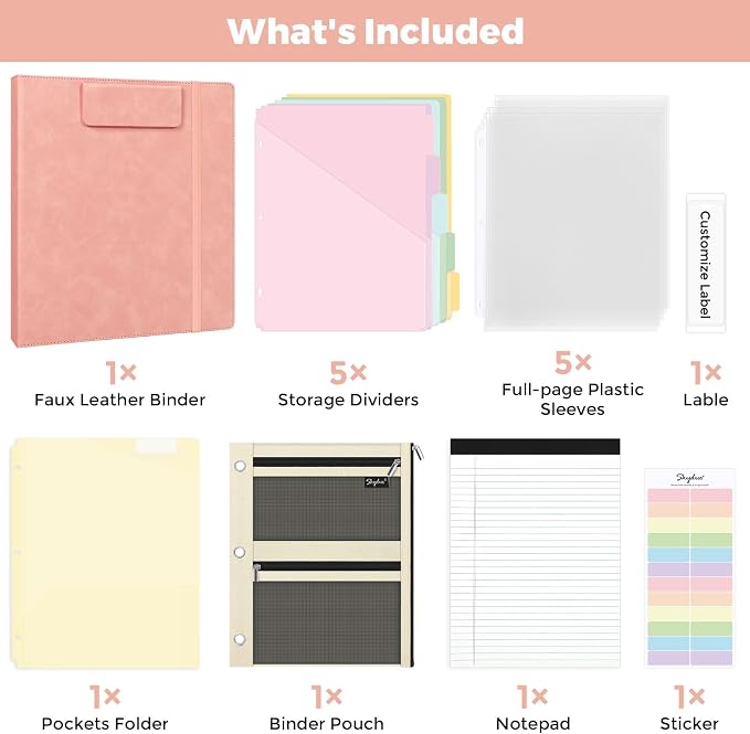 SKYDUE 3 Ring Binder with Magnetic Clipboard, 1 Inch Binder with 5 Dividers | Faux Leather Binder, Folder, Binder Pouch, Plastic Sleeves, and notepad, Ideal for Office & School Supplies Organize