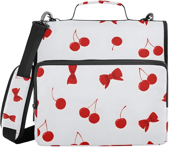 3 D-Ring Zipper Binder Bag, Cherry Red Bow Pattern White Removable Binder with Zipper Case Hold 300+ Sheets& 13 Inch Laptop for School Office Supplies Organizer