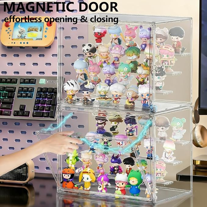 Acrylic Display Case for Collectibles 4 Layer Adjustable Figure Display Cases Large Clear Stackable Figurine Case Box with Magnetic Door & Shelves Hobby Showcase Display Box (1 Pack)