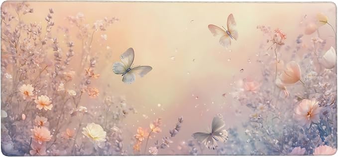 Cute Floral Aesthetic Wildflower Gaming Mouse Pad, Pink Macaron Desk Mat with Anti-Slip Base & Stitched Edges,35.4" x 15.7" in Desk Accessories for Women, Home Office Decor & Artistic Gift