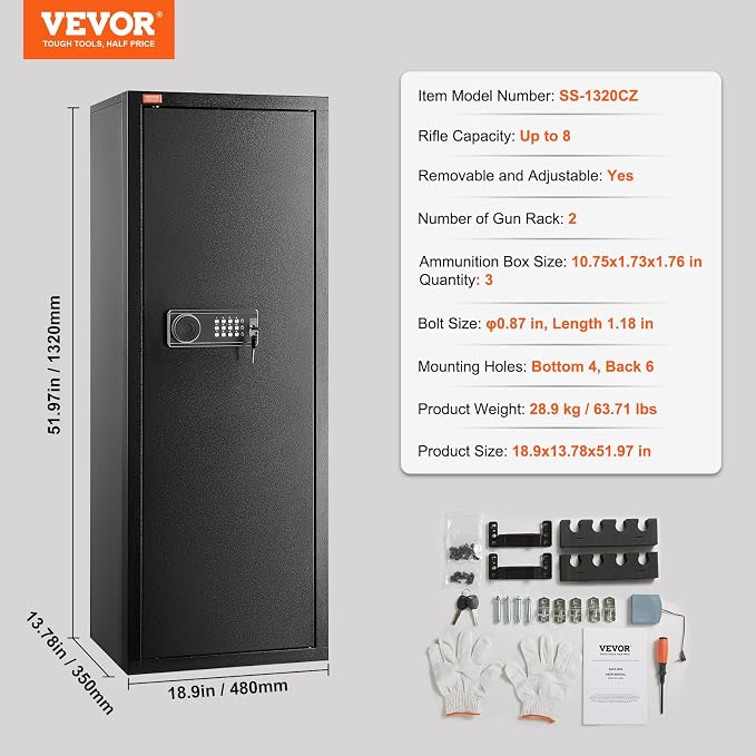 VEVOR Rifle Safe with Digital Keypad up to 8 Gun, Tall Gun Storage Cabinet with Removable Shelf, Quick Access for Home Shotguns and Rifles (Assembly Required)