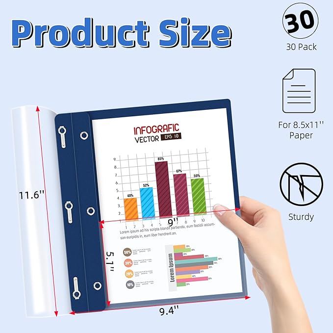 HAUTOCO 30 Pack Plastic Report Covers with 3-Prong Fasteners Clear Front Presentation Folders Resume Folders for 8.5x11 Letter Size Paper, Document Report Cover for School Office Business, Navy Blue