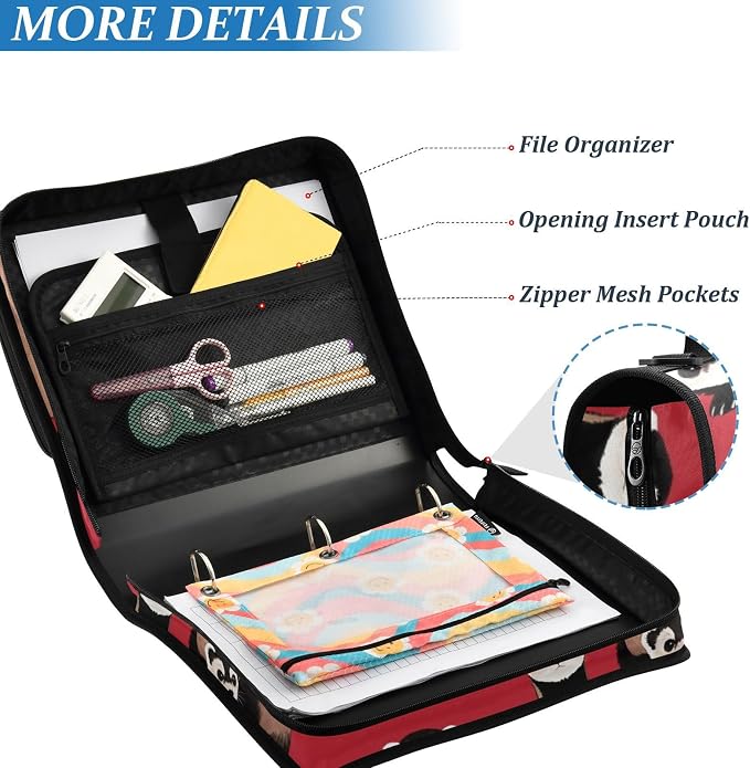 3 Ring Zipper Binder with Shoulder Strap Ferrets Red 2 Inch Zippered Binder Bag 500 Sheet Capacity Multi Pockets for School Supplies