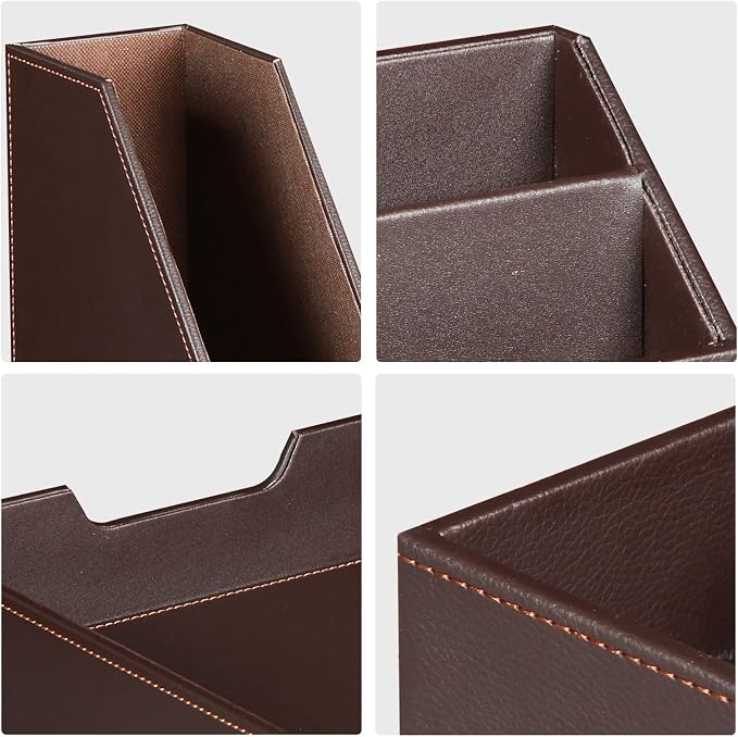 Ayunga PU Leather 6-piece Office Supplies Combination Set,Pencil Cup,Business Card Holder,Sticky Note Dispenser,Mail Sorter,Letter Tray,Files Holder,Suitable for Self-use and Friend Gifts (Brown)
