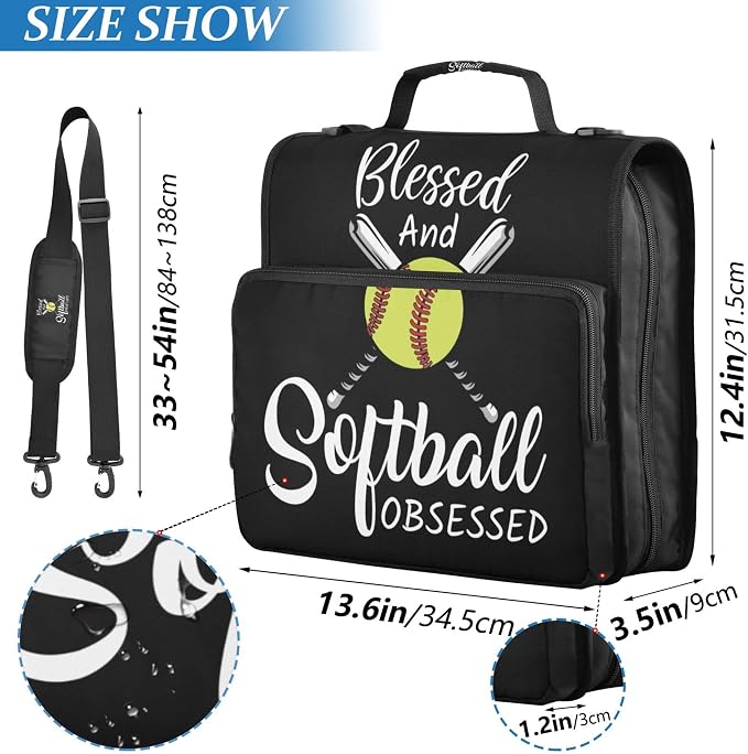 Fisyme Softball Baseball Zipper Binder 3 Ring with Zipper and Shoulder Strap Large Capacity Multi-Pocket Binder Organizers