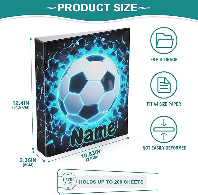 Custom 3 Ring Binder 3D Soccer Football Blue 1.5" Round Ring Binders Personalized Name View Binder with 200 Sheet for Kids School Supplies Women Men Office, 1 Pack