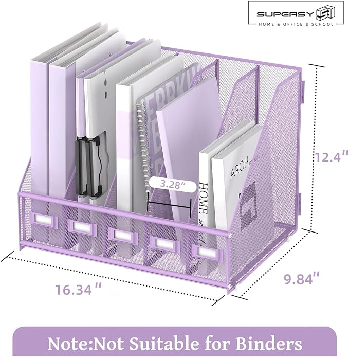 Desk Organizers Metal Desk Magazine File Holder with 5 Vertical Compartments Rack File Organizer for Office Desktop, Classroom, Home Workspace, Purple