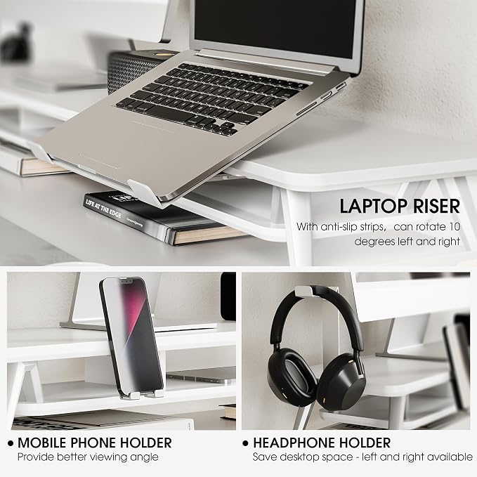 Fenge 42.5-Inch Monitor Stand Riser with Laptop, Phone & Headphone Holders | 10° Adjustable Laptop Holder, 2-Tier Storage, Dual Monitor or Monitor-Laptop Setup, Ideal for Multitasking, Gaming, Streaming