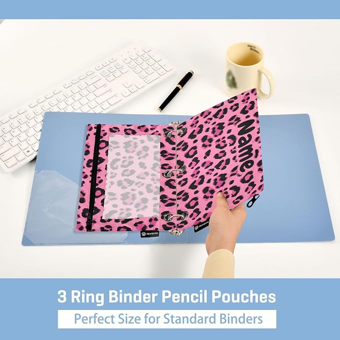 Custom Hot Pink Black Leopard Print Pencil Pouch for 3 Ring Binder, 2 Pack Personalized Name Waterproof Pencil Bags Clear Window Pencil Case School Office Supplies