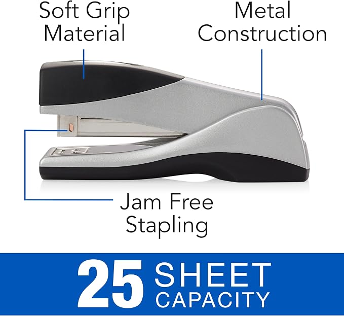 Swingline Stapler, Jam Free, Optima Grip Compact Size, Ergonomic Cushion, Metal, 25 Sheet Capacity, Silver (87816)