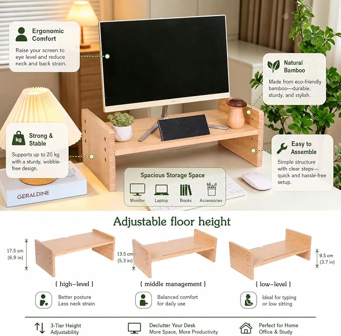 Bamboo Monitor Stand for Desk, 3-Level Adjustable Monitor Riser, Wooden Desktop Shelf Organizer, Portable and adjustable Laptop Stand for Desk, Macbook stand and Computer Tower Stand, TV Riser Printer Stand, Space Saving Desk Shelf