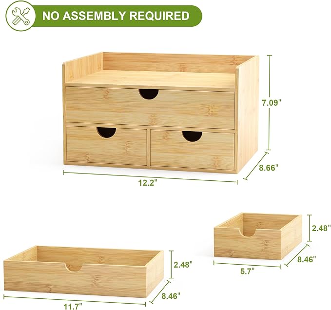 Bamboo Desk Organizer wtih Drawers Mini Desktop Drawer Tabletop Storage | 100% Bamboo Countertop Organizer Drawers,Makeup Storage,Kitchen Spice Organizers,3 Drawer Tabletop Storage,for Home Office