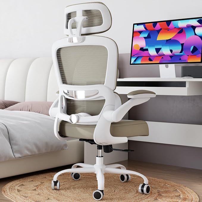 TRALT Office Chair Ergonomic Desk Chair - Gaming Chair with Lumbar Support | 330 LBS Home Office Desk Chairs with Headrest, Reading Chair with Flip-up Armrests, Comfortable Computer Chairs (1, Khaki)