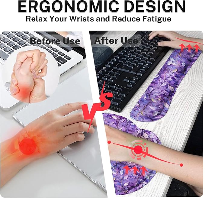 Keyboard Mouse Pad Set, 4 in 1 Desk Mat Set, Purple Leaves Oil | Large Mousepad+Keyboard Wrist Rest+Mouse Wrist Rest+Coaster Ergonomic Design for Home Office Computer