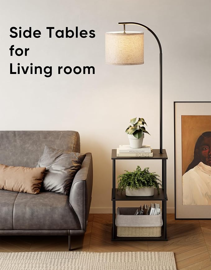Floor Lamp with Table, Night Stand with Lamp, Narrow Side Table with 3CCT LED Bulb, Small Coffee Table, Modern End Table with Storage Shelves for Living Room Bedroom Home Décor, Black