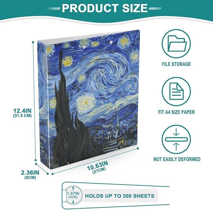 3 Ring Binder Starry Night Art Painting 1.5 Inch Binders A4 Size Cute Decorative Hardcover with 3 Interior Pockets Binder Organizer for Home School Office Supplies, 2 PC