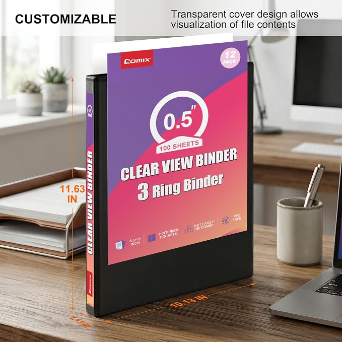 Customizable Round Ring Binder, 0.5 Inch 3 Ring Binder, Minimalist PVC-Free Binder with Clear View Cover, Lay-Flat Design for Lightweight Daily Organization at Home, School & Office