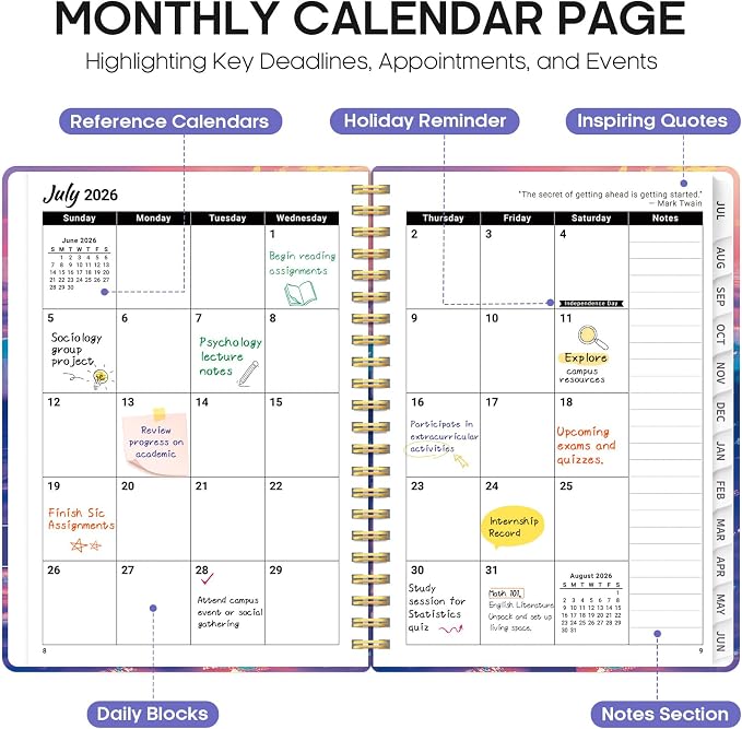 Planner 2026-2027, Monthly & Weekly Jul 2026-Jun 2027 Calendar Book | 6.3" x 8.5", Hardcover Spiral Planner with Tabs, School & Daily Pretty Agenda for Women, Students, Teachers, Sunwave Glow