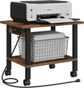 TUTOTAK Printer Stand, 2 Tier Rolling Printer Cart with Charging Station | Small Under Desk Printer Table with Wheels for Small Space, Office, Home, Brown PS01BB001P