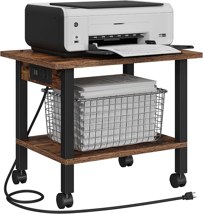 TUTOTAK Printer Stand, 2 Tier Rolling Printer Cart with Charging Station | Small Under Desk Printer Table with Wheels for Small Space, Office, Home, Brown PS01BB001P