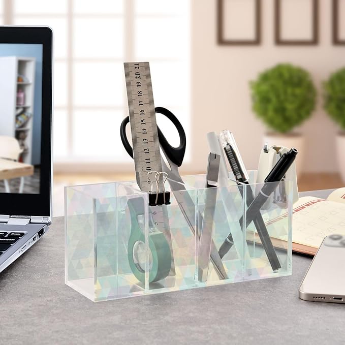 Neon Color Graphics Acrylic Pencil Pen Holder Desk Accessories Holder, Cosmetic Brush Organizer Modern Design Desktop Stationery Organizer for Office School and Home 7.87 x 2.48 x 3.54 In