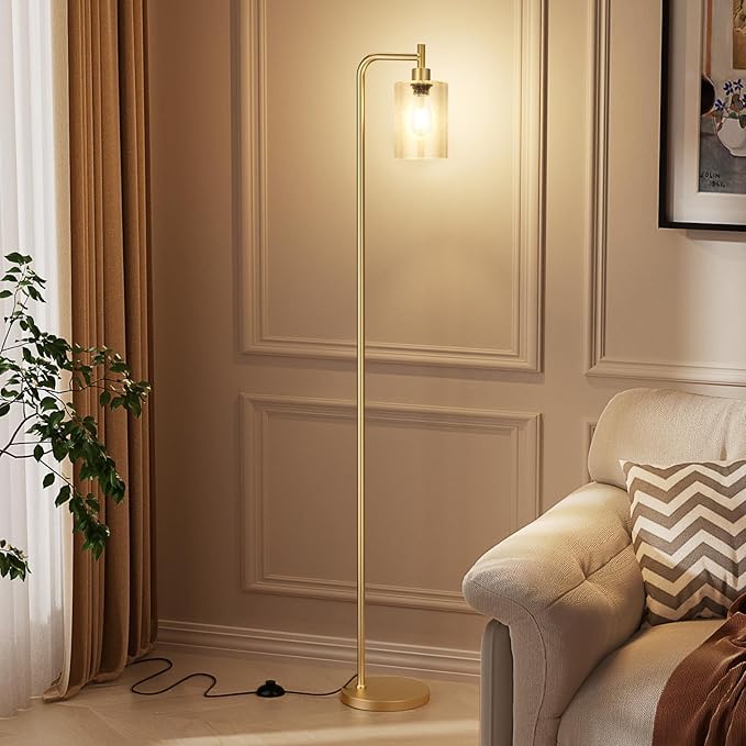 Ziisee Floor Lamps for Living Room - Standing Lamp with Seeded Glass Shade, Modern Gold Floor Lamp with LED Bulbs, Bright Industrial Floor Lamp for Bedroom, Tall Lamp for Office - Gold