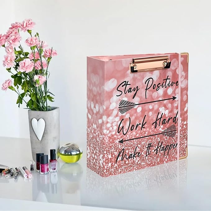EYROZILL A5 Binder 2 Inch 3 Ring for 5.5" x 8.5" Paper with Clipboard and Pocket, Pink Mini Binders for School Office Supplies and Home, Stay Positive