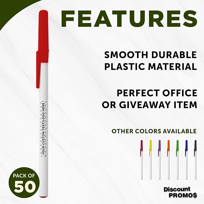 DISCOUNT PROMOS Custom Value Stick Pens Set of 50, Personalized Bulk Pack - Blue Ink, Great for Office, School, Business, Tradeshows, Events - Red Cap