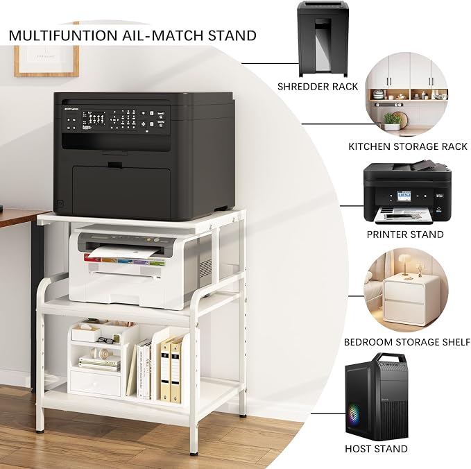 Arbuxzuy Large Printer Stand with Storage Shelf, 23.6" W x 18.9" D Printer Cart with Wheels, 3 Tier Mobile Printer Table for Home Office,Stands for Heat Press Scanner Fax (White)