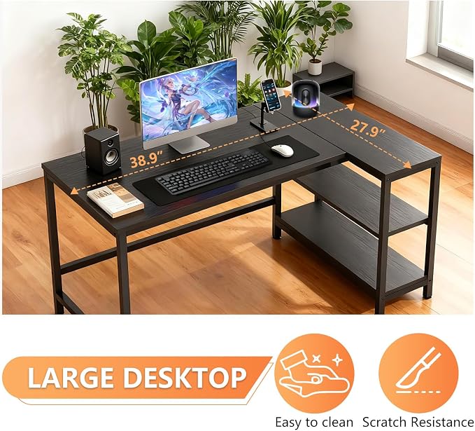 FDW L-Shaped Gaming Desk 39 Inch Computer Desk Corner Desks with Reversible Side Storage Shelves Study Desk Metal Frame PC Work Table for Home Office Dorm Sturdy Writing Workstation,Dark Black