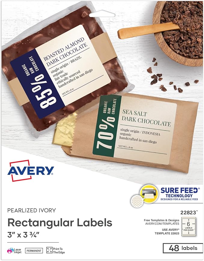 Avery® Printable Rectangle Labels, 3" x 3.75", Pearlized Ivory, Laser & Inkjet Compatible, 48 Customizable Label Stickers, Great for Product Branding, Favors, Thank You Stickers, and More (22823)