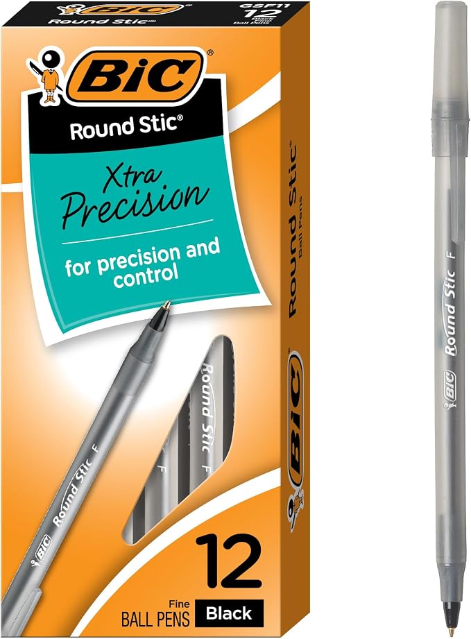 BIC Round Stic Ball Pen, Fine Point, 0.8mm, Black, 12 Pens (GSF11-Blk)