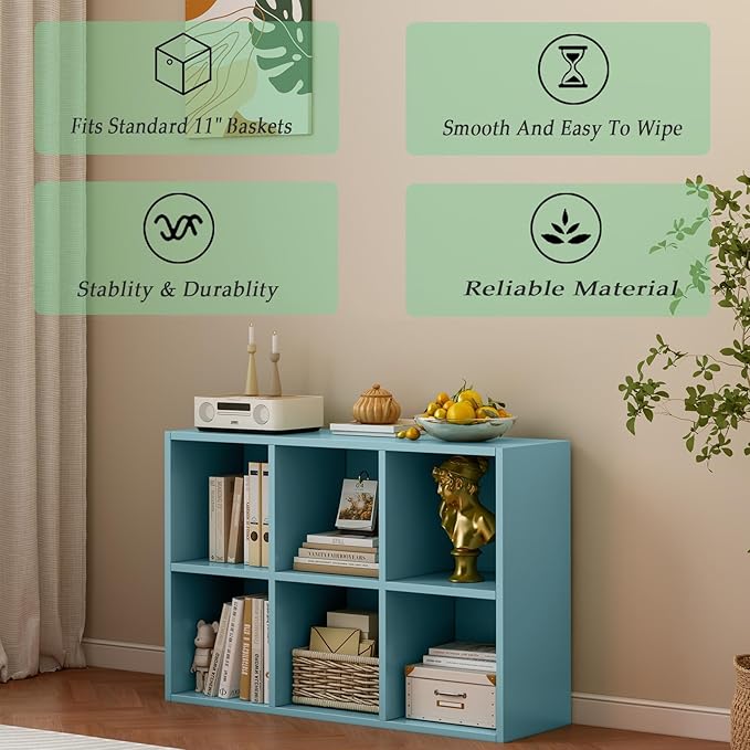 6-Cube Storage Shelf Bookcase, Light Blue | Wooden 3-Tier Open Bookshelf, Fits 11×11" Bins, Vertical or Horizontal Use, Full Back Panels, For Home Office