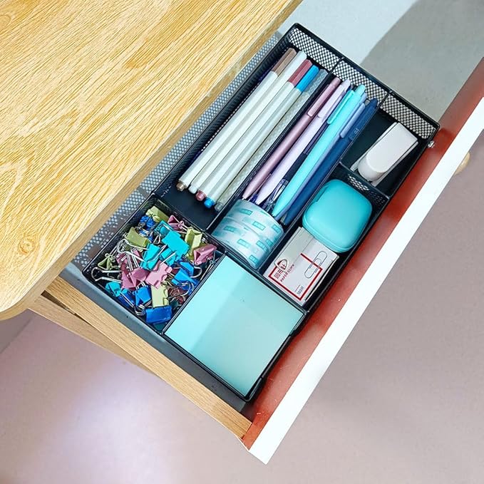2 Pack Desk Drawer Organizer, Small Metal Mesh Desk Organizer Tray, Pen Pencil Drawer Organizer for Office Supplies, Desktop, Makeup, Vanity