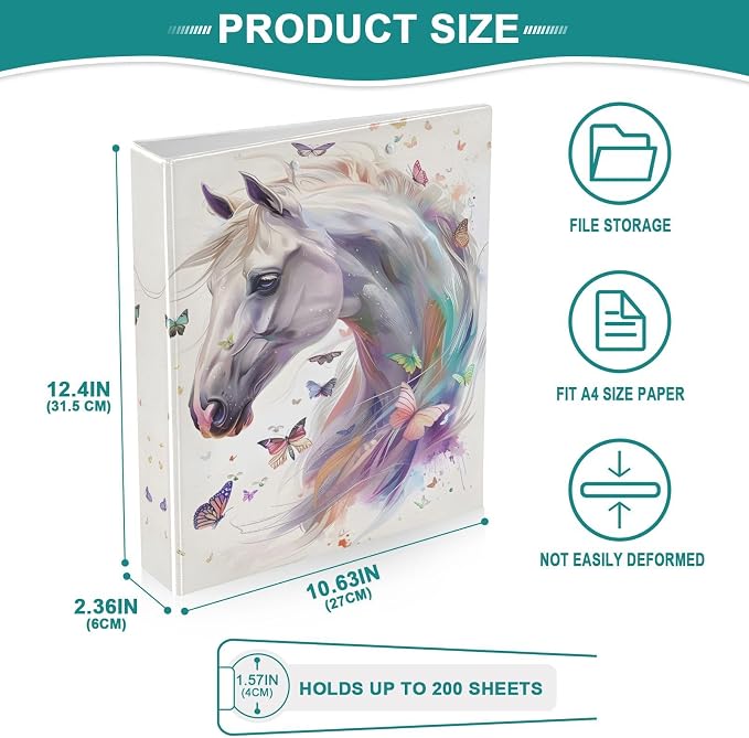 3 Ring Binder White Horse Butterflies 1.5" Round Ring Binders View Binder with 200 Sheet for Kids School Supplies Women Men Office, 1 Pack