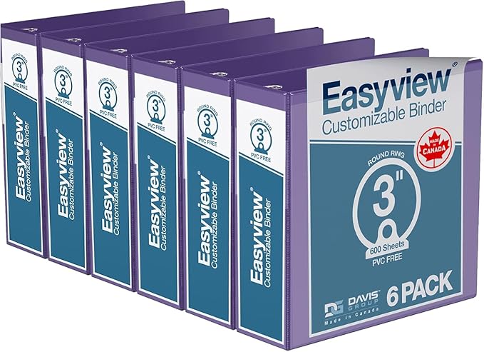 Easyview Premium 3-Ring Binders with Clear-View Covers and Round Rings, Binders for School or Office, 3 Inch, Pack of 6, Purple