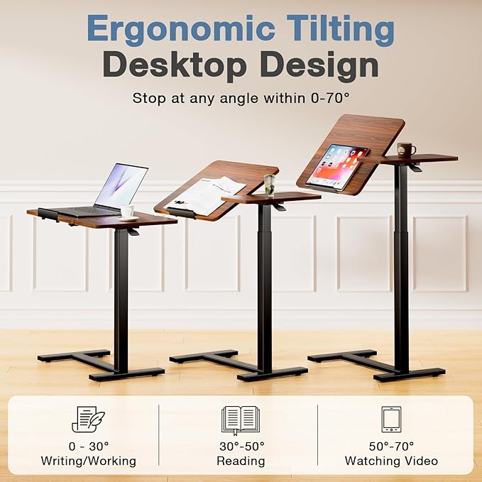 DUMOS Adjustable Bedside Overbed Table with Wheels, Brown | Laptop Standing Desk with Tilting Top Height, Mobile Rolling Computer Cart for Hospital Home Bedroom Use