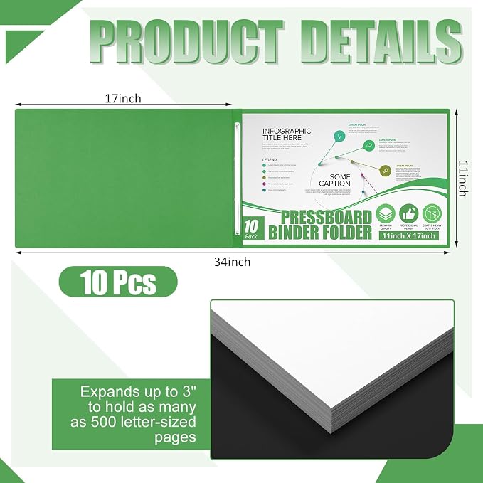Resurhang 10 Pcs 11x17 Inch Pressboard Report Cover, 3" Capacity Presentation Binder Folder with Metal Prong Paper Fastener to Neatly Bind Reports Proposals Transcripts, Other Documents (Green)