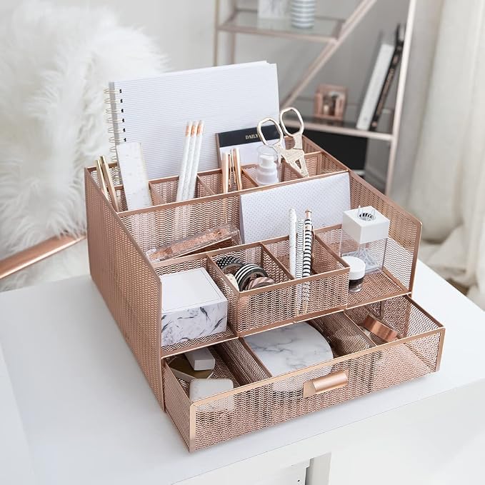 BLU MONACO Large Rose Gold Desk Organizer | 12-Compartment Metal Mesh Desktop Organizer with Drawer | Office Supplies & File Holder for Home Office, Workspaces, Vanity & Craft Storage