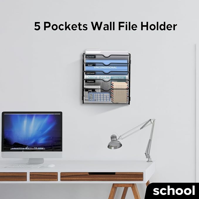 5-Tier Wall File Organizer and Hanging File Organizer, Black | Wall Organizer and Wall Mounted File Holder with 5 Pockets and Label Panels for Files, Mail, Folders, Magazines and Paper