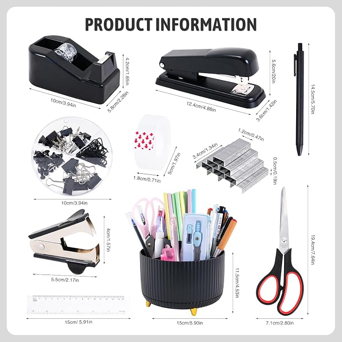 Gawsey Black Desk Organizers and Accessories with Desk Organizer 360° Rotating Pen Holder and Office Supplies, Cute Stationery Supplies Set