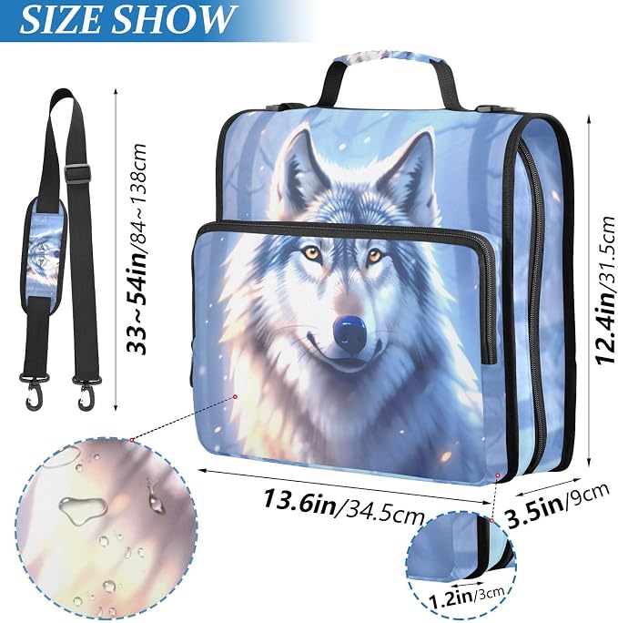 Wolf Winter 3 Ring Binder Bag 1.5 inch Binder Organizer with Zipper Shoulder Strap 500 Sheet Documents Storage for School Office