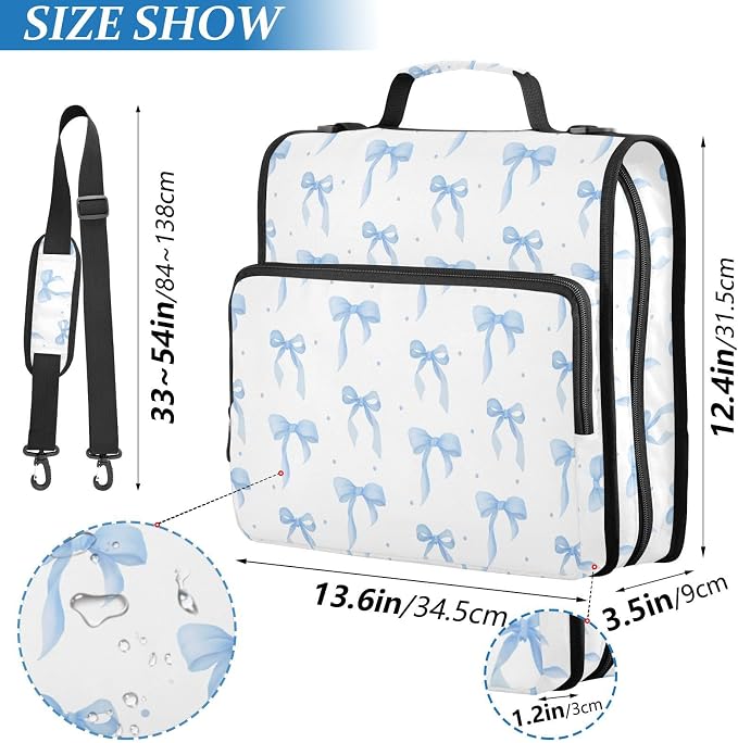 ALAZA Zipper Binder 3 Ring Cute Bow Blue Binder Organizer with Zipper and Shoulder Strap Large Capacity Multi-Pocket Trapper Keeper File Folder for Office Supplies