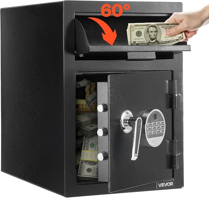 VEVOR 1.2 Cubic Feet Drop Safe, Large Capacity Front Drop Slot Safe Box with Digital Keypad, Heavy Duty 2 Tiers Cash Depository Box with Spare Keys for Cash, Bank Slip, Jewelry, Document, Bill, Black