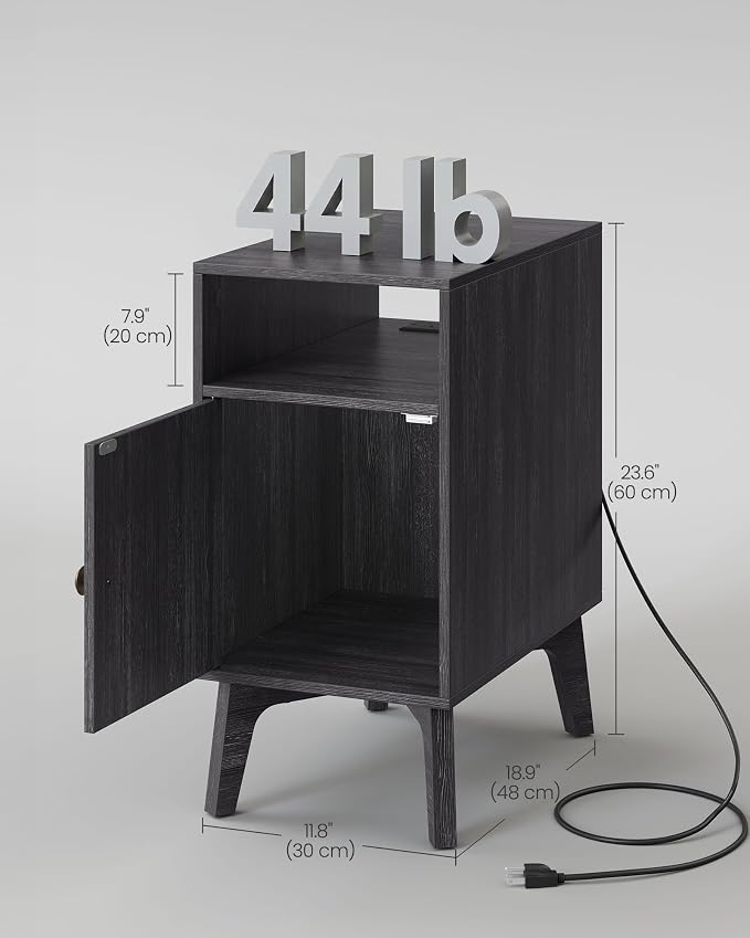 VASAGLE End Table with Charging Station, Narrow Side Table, Nightstand | Tapered Legs, Curved Transitions, for Small Spaces, Living Room, Bedroom, Charcoal Gray, MAEZO Collection ULET329B101S