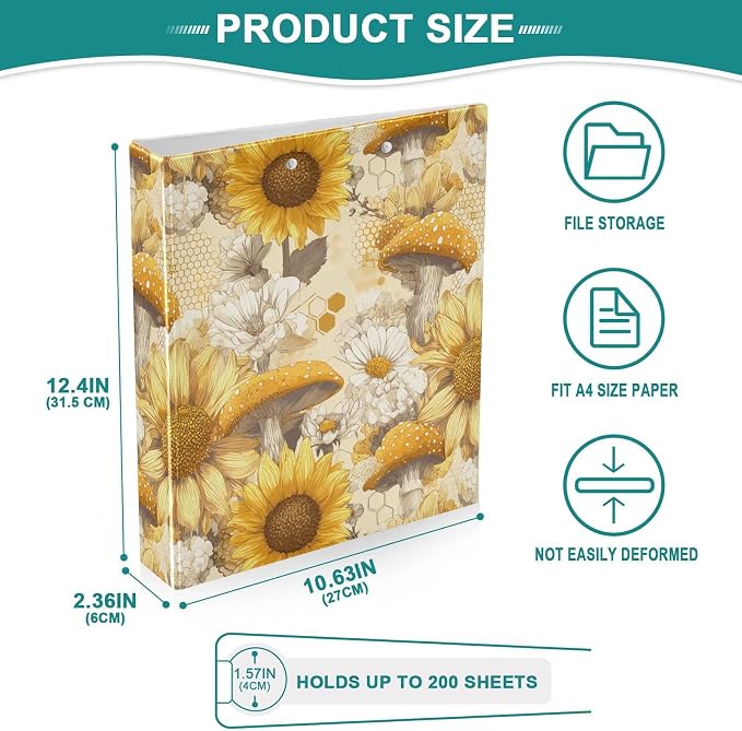 Yellow Sunflower and Mushroom Binder 3 Ring 1.5 Inch Binder with Clipboard&Pockets, Hardcover Binders Heavy Duty Large File Folder for Office School Supplies - Holds 200 Sheets, 2 PC
