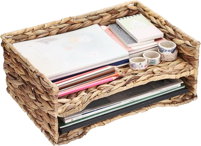 BTSKY 2 Tier Water Hyacinth Letter File Storage Basket, Woven Paper Organizer A4 File Tray Magazine Holder Woven Basket for Desk Document Office Paper Organizer and Storage